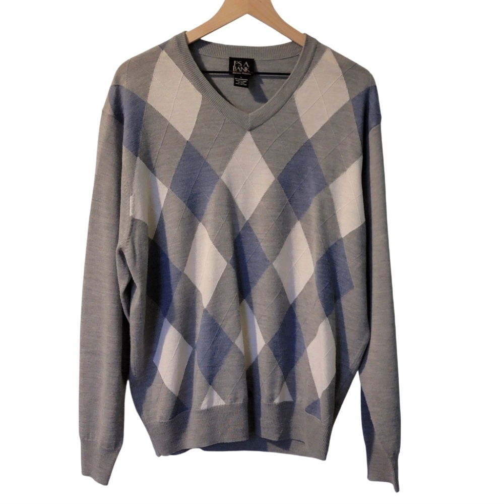 Jos. A. Bank Gray Blue Argyle V-Neck 100%‎ Merino Wool Sweater Mens Size L